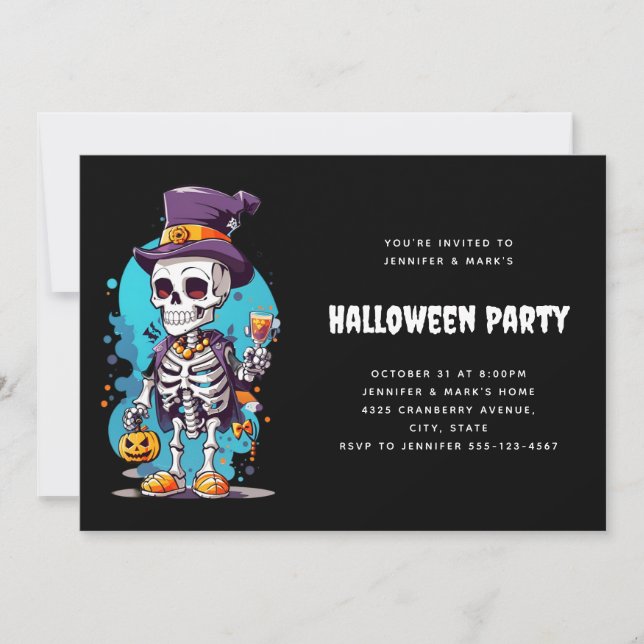 Funny Halloween Skeleton wearing Top Hat Invitation (Front)