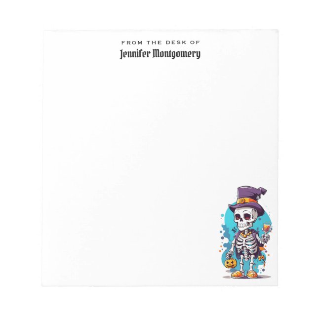 Funny Halloween Skeleton wearing Top Hat Notepad (Front)