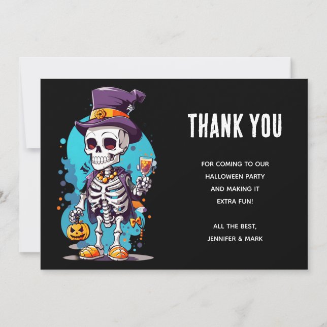 Funny Halloween Skeleton wearing Top Hat Thank You Card (Front)