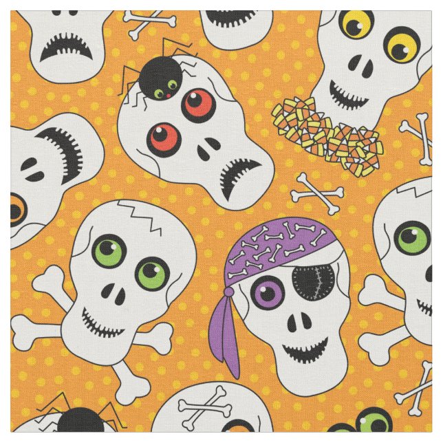 Funny Halloween Skulls on Orange Pattern Fabric (Close Up)