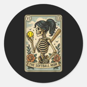 Funny Halloween Softball Mama Mom Skeleton Tarot C Classic Round Sticker