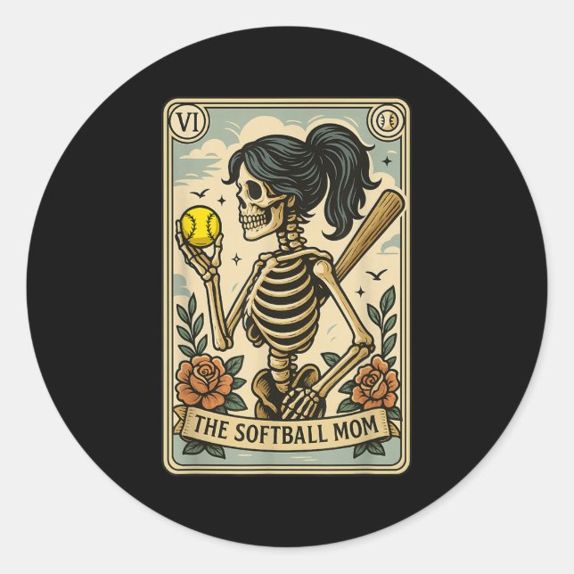 Funny Halloween Softball Mama Mum Skeleton Tarot C Classic Round Sticker (Front)