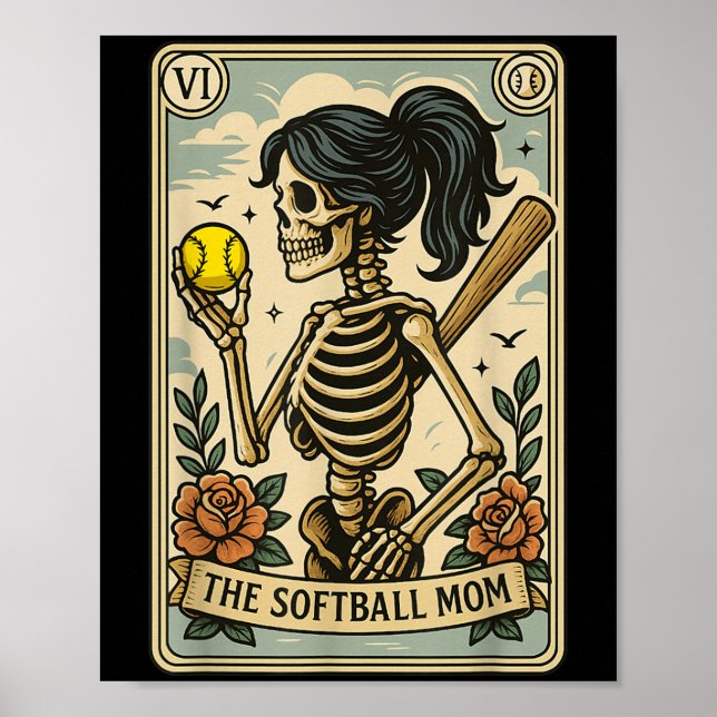 Funny Halloween Softball Mama Mum Skeleton Tarot C Poster (Front)