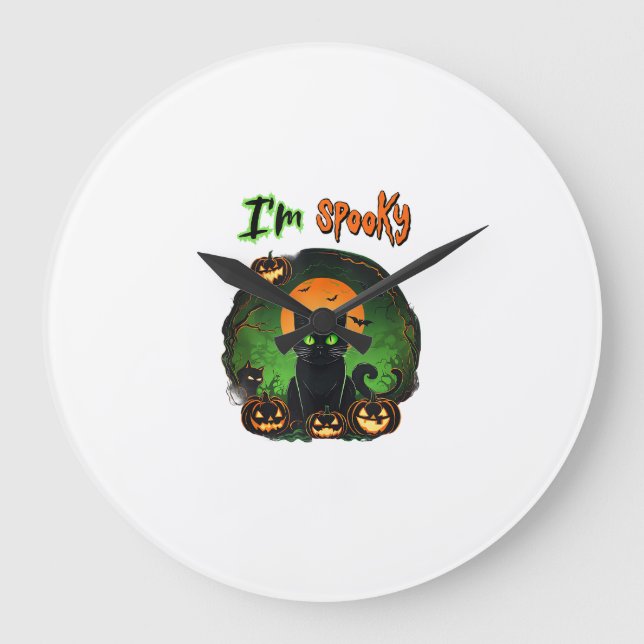 Funny Halloween Spooky Black Cat Pumpkin Bat Starr Large Clock (Front)