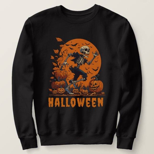 Funny Halloween  spooky running skeleton Sweatshirt (Design Front)