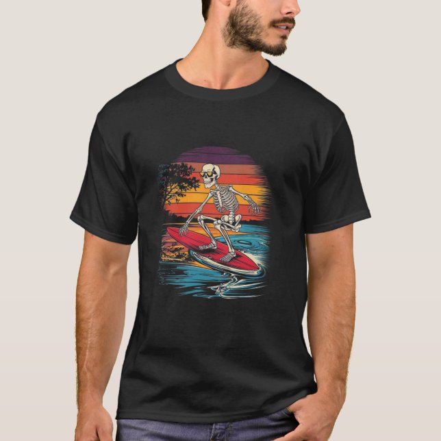 Funny Halloween Spooky Skeleton Surfing T Shirt (Front)