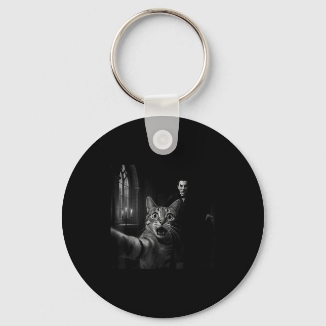 Funny Halloween Surprised Ed Cat Selfie Dracula Va Key Ring (Front)
