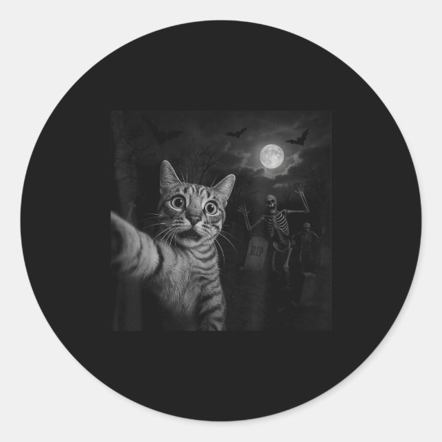Funny Halloween Surprised Ed Cat Selfie Soky Skele Classic Round Sticker (Front)
