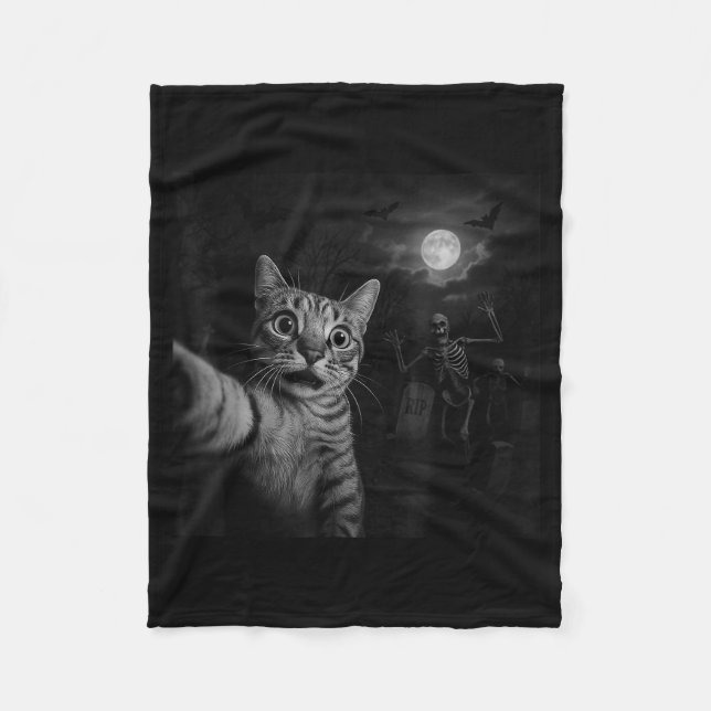 Funny Halloween Surprised Ed Cat Selfie Soky Skele Fleece Blanket (Front)