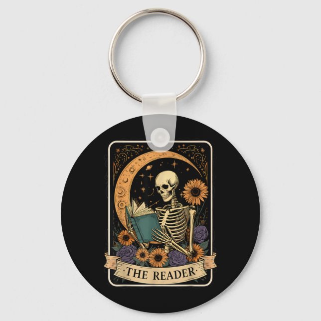 Funny Halloween Tarot Card The Reader Skeleton Key Ring (Front)