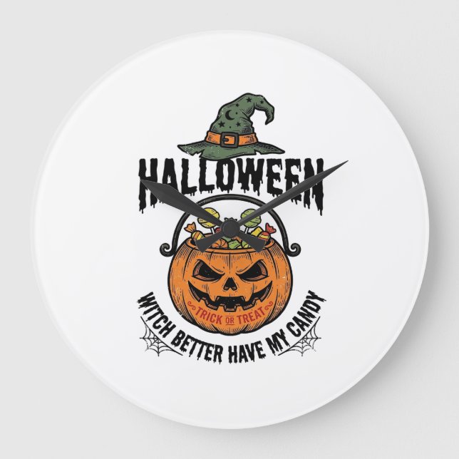 Funny Halloween Witch Candy Pumpkin Shirt Design_1 Large Clock (Front)