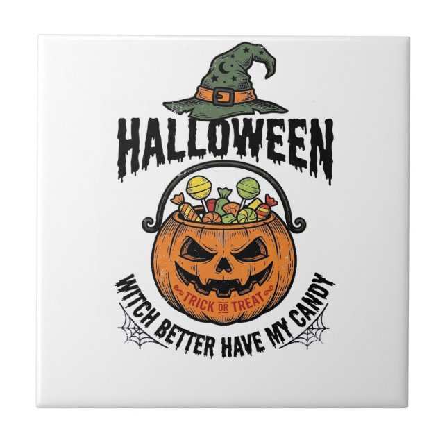 Funny Halloween Witch Candy Pumpkin Shirt Design_1 Tile (Front)