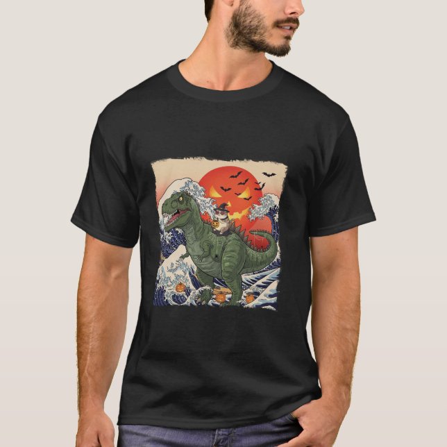 Funny Halloween Witch Cat Riding Dinosaur T rex Uk T-Shirt (Front)