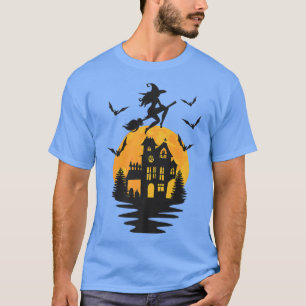 Funny Halloween Witch Flying Broom Haunted House M T-Shirt