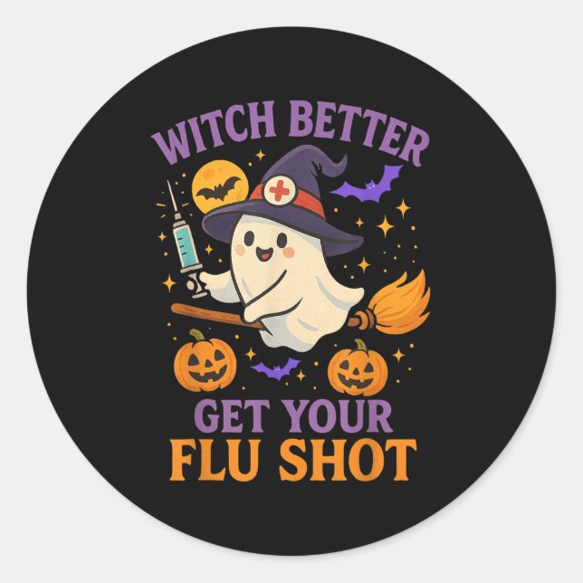 Funny Halloween Witch Ghost Flu Shot Nurse  Classic Round Sticker (Front)