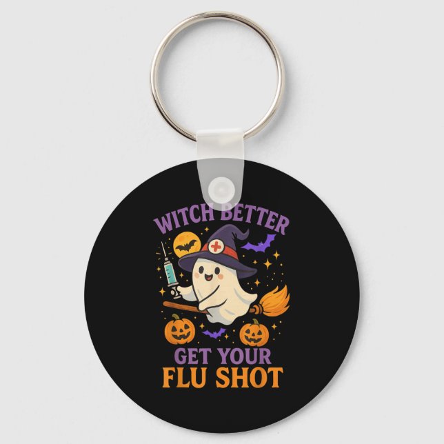 Funny Halloween Witch Ghost Flu Shot Nurse  Key Ring (Front)