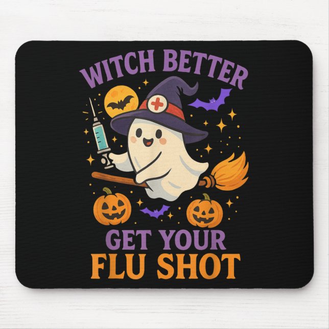 Funny Halloween Witch Ghost Flu Shot Nurse  Mouse Mat (Front)