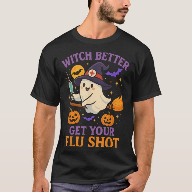 Funny Halloween Witch Ghost Flu Shot Nurse  T-Shirt (Front)