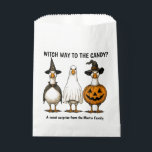 Funny Halloween Witch Goose Favour Bags<br><div class="desc">Add a dash of humour and farmyard charm to your Halloween celebrations with this Witch Way to the Candy? treat bag featuring three adorably dressed-up geese—a witch, a ghost, and a jack-o'-lantern! This playful design is perfect for animal lovers, farmhouse Halloween parties, and anyone who enjoys quirky holiday fun. The...</div>