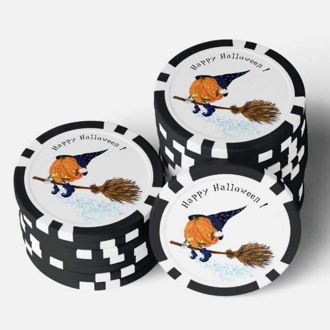 Funny Halloween Witch Pumpkin Flying Poker Chips (Stack)