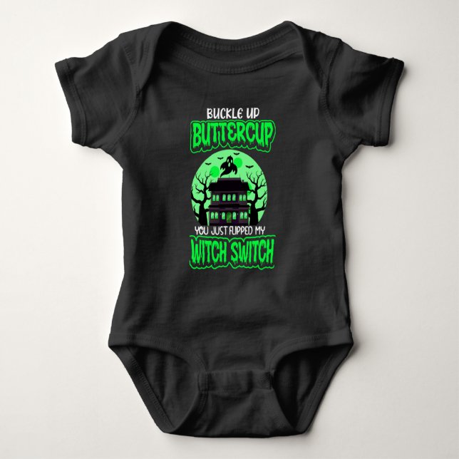Funny Halloween Witch Switch Neon Green   Baby Bodysuit (Front)