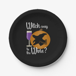 Funny Halloween Witch Way to the Wine Pumpkin Paper Plate