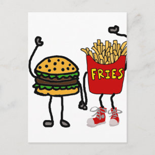 Funny Hamburger and French Fries Cartoon Art Postcard