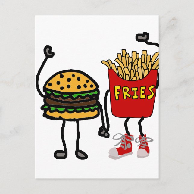 Funny Hamburger and French Fries Cartoon Art Postcard (Front)
