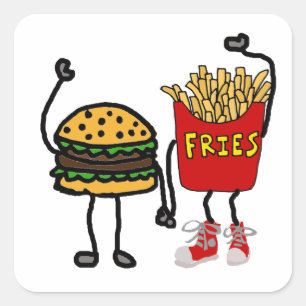 Funny Hamburger and French Fries Cartoon Art Square Sticker