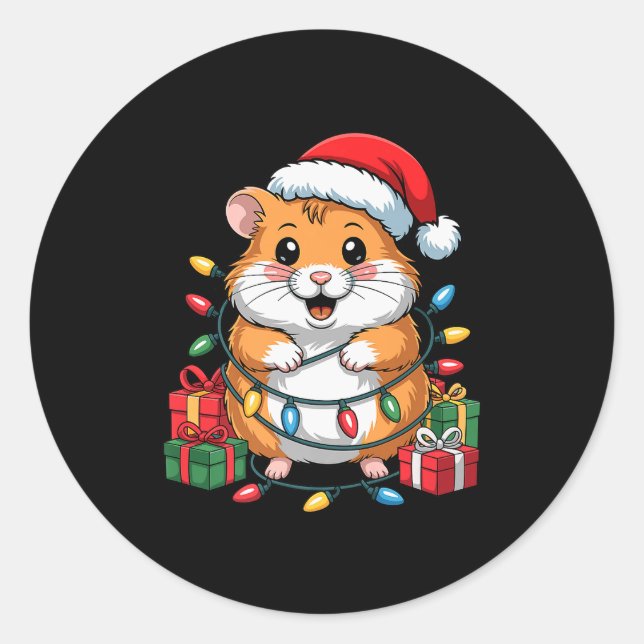 Funny Hamster Santa Hat Animals Lovers Ugly Christ Classic Round Sticker (Front)