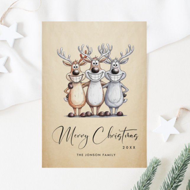 Funny Hand Drawn Christmas Reindeers Holiday Card (Creator Uploaded)