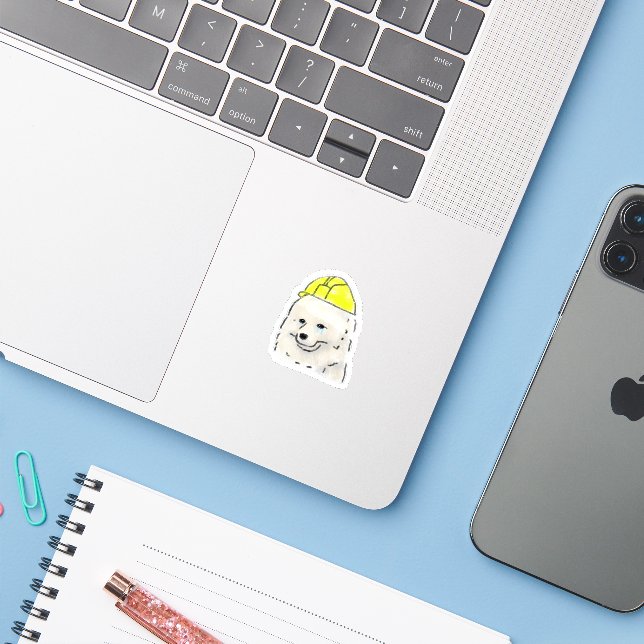 Funny Hand-Drawn Crying Worker Dog in Hard Hat (Laptop w/ iPhone)