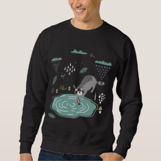 Funny Hand Drawn Racoon Washing a Shoe in Rainy W Sweatshirt