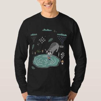Funny Hand Drawn Racoon Washing a Shoe in Rainy W T-Shirt