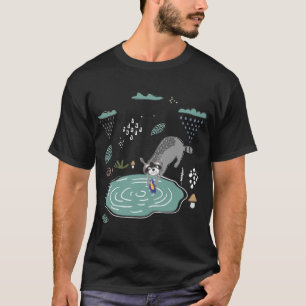 Funny Hand Drawn Racoon Washing a Shoe in Rainy W T-Shirt