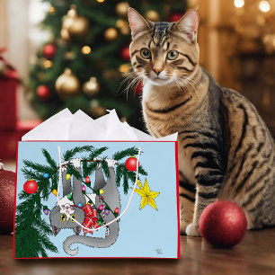 Funny Hanging Christmas Tree Cat Large Gift Bag