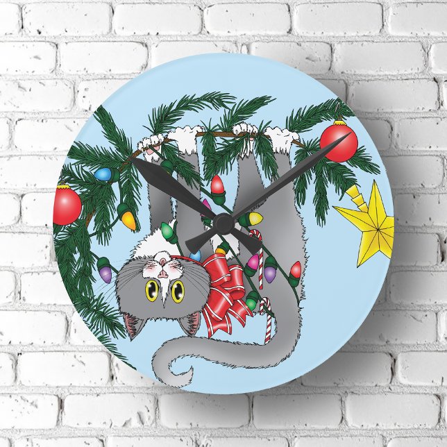 Funny Hanging Christmas Tree Cat Round Clock (Creator Uploaded)