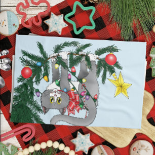 Funny Hanging Christmas Tree Cat Tea Towel