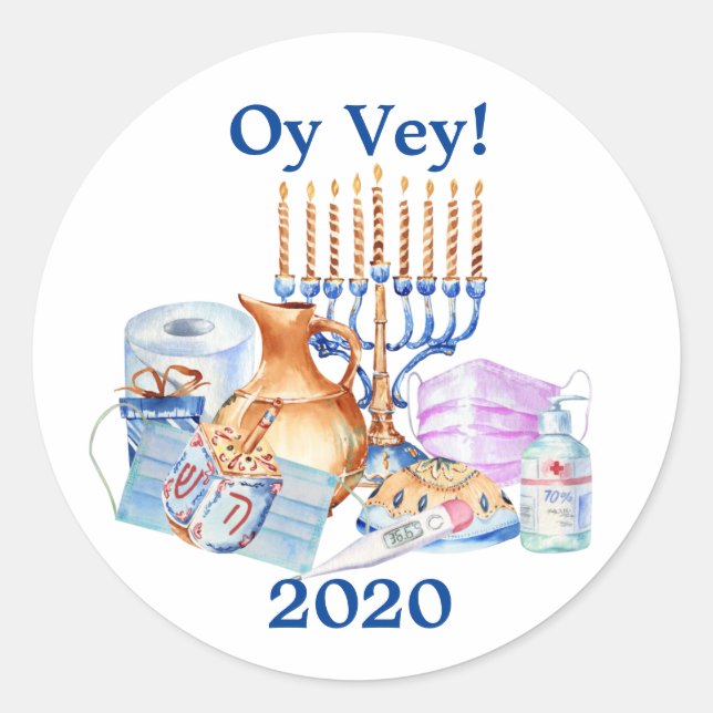 Funny Hanukkah Covid Watercolor Quarantine 2020 Classic Round Sticker (Front)