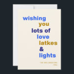 Funny Hanukkah Love Latkes Lights Blue Custom Holiday Card<br><div class="desc">Celebrate the Festival of Lights with a smile using this funny Hanukkah holiday card, featuring the playful phrase Love Latkes and Lights on a cheerful blue background. Customisable and full of festive spirit, this card is perfect for sharing holiday joy with a humourous twist. Whether you're sending warm wishes to...</div>