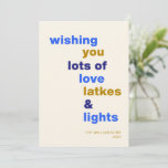 Funny Hanukkah Love Latkes Lights Blue Custom Holiday Card<br><div class="desc">Celebrate the Festival of Lights with a smile using this funny Hanukkah holiday card, featuring the playful phrase Love Latkes and Lights on a cheerful blue background. Customisable and full of festive spirit, this card is perfect for sharing holiday joy with a humourous twist. Whether you're sending warm wishes to...</div>