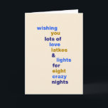 Funny Hanukkah Love Latkes Lights Blue Custom Holiday Card<br><div class="desc">Funny Hanukkah Love Latkes Lights in Blue Holiday Card with custom letter or message inside</div>