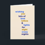 Funny Hanukkah Love Latkes Lights Blue Custom Holiday Card<br><div class="desc">Funny Hanukkah Love Latkes Lights in Blue Holiday Card with custom letter or message inside</div>