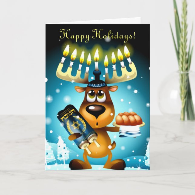 Funny Hanukkah Reindeer Happy Holidays Holiday Card (Front)