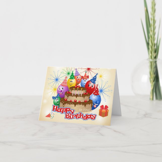 Funny Happy Birthday Balloons and Chocolate Cake  Card (Front)