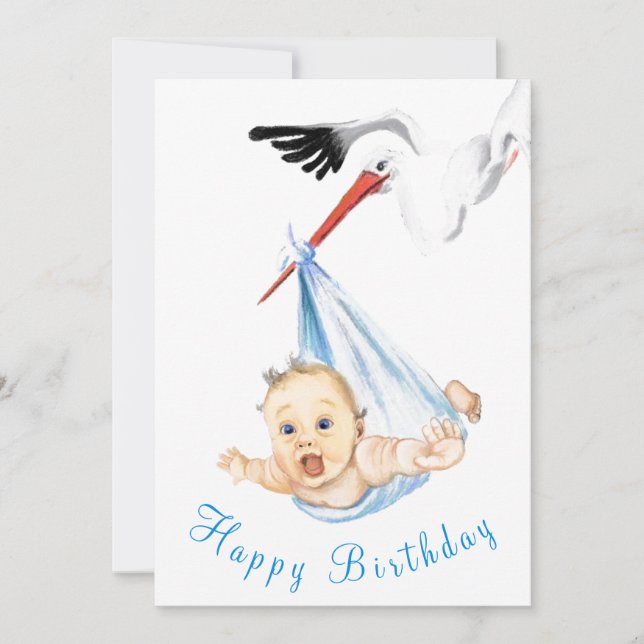 Funny Happy Birthday Card Stork Carrying Baby (Front)