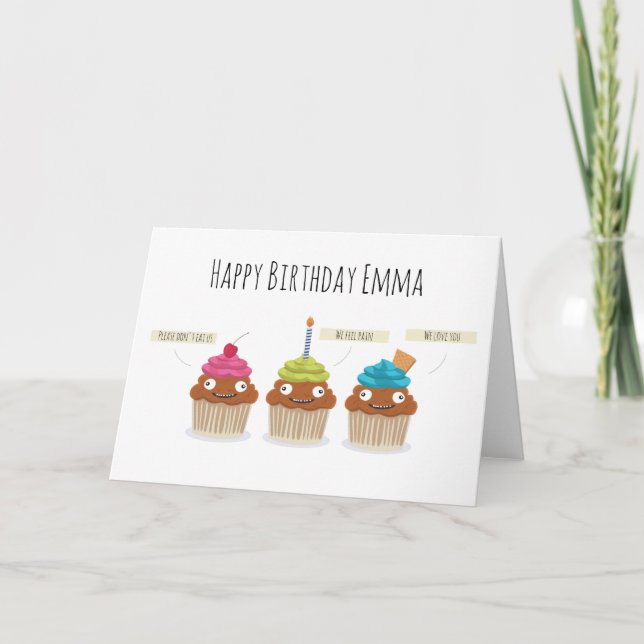 Funny Happy Birthday cartoon Cupcakes dark humour Card (Front)