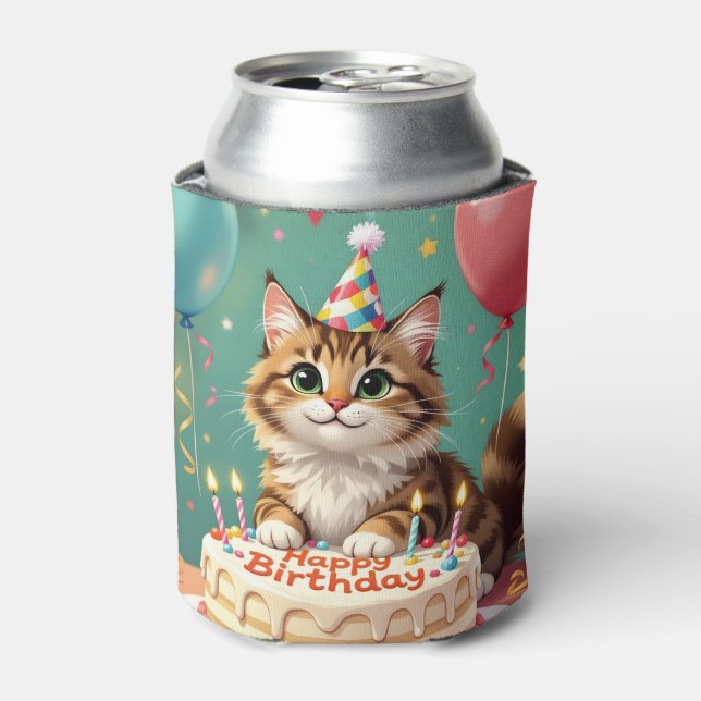 Funny happy birthday cat can cooler (Can Front)