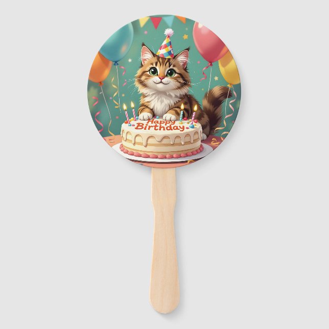 Funny happy birthday cat hand fan (Front)