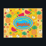 Funny happy birthday colourful fruit label Cheerfu Postcard<br><div class="desc">Happy birthday to the fruit lovers!
Cheerful illustration of different kind of fruits : oranges,  apples,  watermelon,  bananas,  pears,  kiwis,  strawberries and pineapples. Cute design with colourful fruits all over and a funny retro customisable fruit sticker. Main colours : yellow and blue.</div>